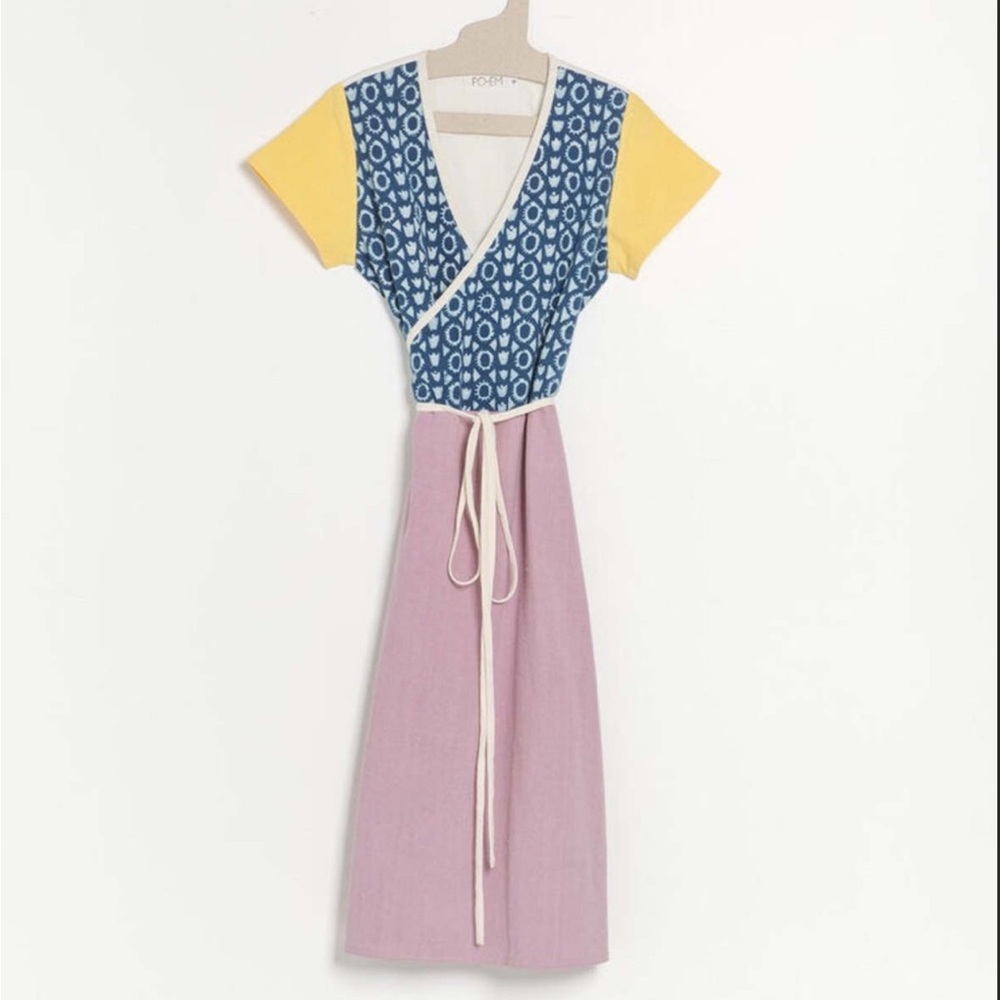 PO-EM Wrap Dress Natural Cotton Handwoven Ethical Block Print Small Batch Sz L